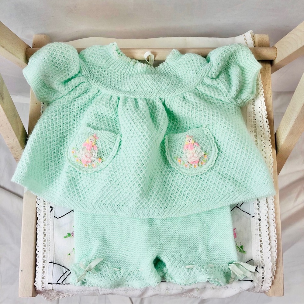 Vintage Renro’s Imports 2 Piece Green Baby Girl Outfit Made in Italy Hand knit